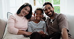 Face, child and happy family on sofa in home for holiday bonding, vacation or comfort together. Portrait, mom and dad with boy, son or kid for weekend break, love or childhood free time in house