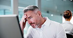 Computer, headache and man with stress in office, thinking or coworking with tax deadline. Tech, burnout and mature person with migraine for fraud investigation, cashflow mistake or audit error