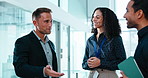 Help, people and guide guests at office, meeting and real estate with corporate assistance. Talking, business and welcome clients, follow on walk or show way for commercial property tour with realtor
