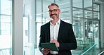 Business, face and man in office with tablet, wealth consultant and about us in finance. Glasses, portrait and mature investment advisor with tech, risk specialist and confidence as portfolio manager