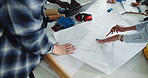 Architect, sketch and hands with blueprint in office, teamwork and tablet screen with data or graphs. Civil engineering, above and people with paperwork for design, drawing and budget with technology