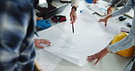 Architect, teamwork and hands with blueprint in office, group and tablet screen with data or graphs. Civil engineering, above and people with paperwork for design, collaboration and budget with tech