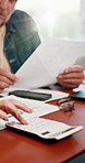 Hands, old couple and calculator in home for debt,  expenses or asset management with taxes. Man, woman and finance calculation with budget document, pension or savings with rent cost in retirement