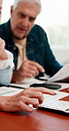 Documents, calculator and senior couple in home with planning for retirement funds or budget. Paperwork, discussion and elderly people with finance report for expenses, pension or asset management.