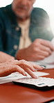Hands, old couple and calculator in home for finance,  expenses or asset management with taxes. Man, woman and debt calculation with budget document, pension or savings with rent cost in retirement
