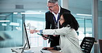 Computer, meeting and woman with manager in office for feedback, advice and help at finance agency. Corporate, talking and business person on tech with mentor for financial report, planning or review