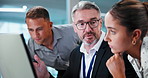 Computer, team and training with mentor in workplace for financial system, help or solution. People, tech or coaching interns with investment feedback, talk or business advice with project guidance