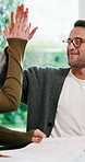High five, couple and paperwork in home for finance, budget goal or credit score improvement. Happy man, woman and success with savings document, investment discussion or loan approval with partner