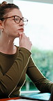 Woman, thinking and remote work in home office with laptop, inspiration or plan for copywriting idea. Happy, person and freelance copywriter in apartment with computer, glasses and creative vision.