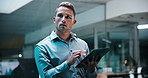 Thinking, window and businessman on tablet at night for solution, investment decision and planning. Corporate, finance and person on tech for financial review, budget report and trading portfolio