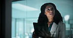 Thinking, window and business woman on tablet at night for solution, investment decision and planning. Corporate, finance and person on tech for financial review, budget report and trading portfolio