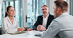 Human resources, interview and business people with tablet in office for hiring opportunity. Conversation, meeting or recruitment with managers and candidate with tech, resume feedback or review