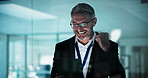 Glass, fist pump and business man on tablet for good news, investment success and profit in office. Happy, corporate and mature person celebrate for budget goals, stock trading and financial target