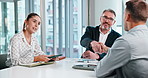 Handshake, interview and business people with tablet in office for HR and hiring opportunity. Conversation, meeting or recruitment with managers and candidate with tech, shaking hands or review