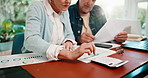 Hands, couple or calculator with documents in home for financial audit, expenses or bills together. Mature, man and woman with paperwork, invoices or finance report for tax deduction or cost in house