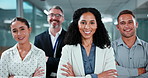 Crossed arms, pride and face of business people in office with confidence for finance career. Smile, leadership and portrait of financial advisors with manager for about us, team or job opportunity.