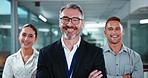Crossed arms, collaboration and face of business people in office with confidence for finance career. Smile, leadership and portrait of financial advisors with manager for about us, pride or job.