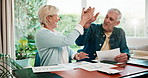 Mature, couple or finance with high five in home for investment, profit or winning together. Man, woman or calculation with paperwork or report for financial success, bills or tax deduction in house