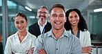 Crossed arms, group and face of business people in office with confidence for finance career. Smile, leadership and portrait of financial advisors with manager for about us, pride or job opportunity.