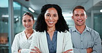 Crossed arms, leadership and face of business people in office with confidence for finance career. Smile, team and portrait of financial advisors with manager for about us, pride or job opportunity.