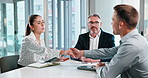 Shaking hands, interview and business people with tablet in office for HR and hiring opportunity. Conversation, meeting or recruitment with managers and candidate with tech, handshake or review