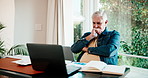 Mature, man or finance with laptop in home for investment, asset management or budget planning. Happy, male person or paperwork with computer, book or bills for financial assessment or audit in house