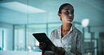 Thinking, glass and business woman on tablet at night for solution, investment decision and planning. Corporate, office and person on tech for financial review, budget report and risk assessment