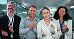 Motivation, clapping and people in office with face, celebration and team building with unity. POV, happy and employees with applause, collaboration success and encouragement in milestone reach.