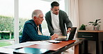 Help, men and senior father with laptop for finance question, mortgage planning or tax with family. Computer, adult son and parent with retirement budget, talk and insurance advice with flare at home