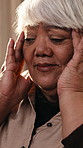 Senior, woman and headache with stress in retirement home for anxiety, mental health or strain. Elderly, female person or sore ache with migraine for dementia, pressure or tension in old age house