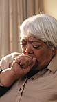 Sick, cough or senior woman with chest pain for influenza, hypertension or chronic illness in home. Elderly, female person or fever with cold or flu symptoms for bronchitis, asthma or viral infection