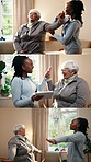 Physiotherapy, series and senior woman with high five, stretching and tablet for consulting. Healthcare, collage and physical therapist with patient for recovery, support and mobility for arthritis