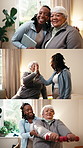 Physiotherapy, series and senior woman with dumbbells, exercise and tablet for medical support. Healthcare, collage and portrait of physical therapist and patient for wellness, recovery and mobility