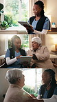 Nurse, tablet and senior woman in home for consulting, medical service and healthcare support. Retirement, caregiver and elderly patient with stethoscope, talking and tech for checkup or wellness