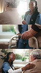 Senior, nurse or woman with walker in retirement home for medical consultation or recovery. Caregiver, physiotherapist or helping female person with a disability in collage for health or elderly care