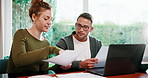 Happy, finance and couple with paperwork, laptop and budget planning for mortgage in home. Marriage, talking and man with woman with documents for financial report, audit and tax for online banking