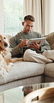 Happy, tablet and man with dog on sofa for remote work, web design and online project in home. Smile, freelancer and person with Golden Retriever, tech and stylus for internet, website and research