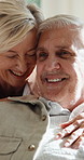 Smile, hug and old couple in home with love, bonding and happy together in living room. Embrace, senior man and elderly woman with support for care, trust and relationship or marriage for retirement