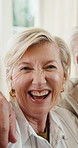 Face, hug and elderly couple in home with love, bonding and happy together in living room. Portrait, senior man and old woman with support for care, trust and relationship or marriage for retirement