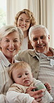 Face, grandparents and happy parents with baby in home for bonding, relationship and love on weekend. Family, portrait and senior generation with mom, dad and child for trust, care and connection
