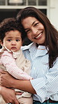 Face, child and mom with love for protection, outdoor bonding or parenting safety together. Portrait, mother and smile with kid or baby for security, parenthood or childhood comfort outside house