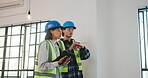 Construction, team or site inspection with tablet for building renovation, project vision or planning. Interior design, people and discussion with tech for remodeling idea, contractor update or flare