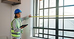 Construction, team and measuring tape with tablet for inspection, building evaluation and renovation. Woman, partner and software for window dimensions for architecture assessment, talking and tech
