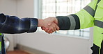Architect, team and shaking hands with supervisor in building, agreement or real estate achievement. People, handshake and collaboration for property development, civil engineer and project success