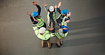 Above, construction and team huddle with hands together for support, success or solidarity at job site. People, architect stack and excited renovation with applause, high five and unity with space