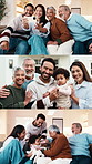 Face, baby and big family with selfie in home for capture moment, bonding or free time together. Series, parents and grandparents with child or kid for playful weekend, memory or picture in house