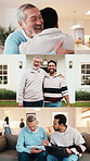 Bonding, senior dad and son in house with love, digital support and happy embrace in montage. Face, elderly father and man with tech lesson, family connection or healthy relationship on weekend break