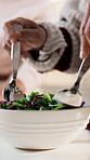 Cooking, vegetables and hands of woman in kitchen at house with diet, health or wellness meal. Spoon, salad and person with ingredients for preparing dinner with nutrition and vitamins in home.