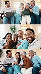 Face, laughing and big family with technology in home for network connection, funny joke or selfie. Series, senior and adults with phone, laptop or smile for weekend, memory or picture together