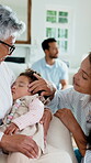 Childcare, family and baby in house with love, comforting nap and bonding together on weekend break. Grandmother, parent or child with sleep, happy moment or tender connection in healthy relationship